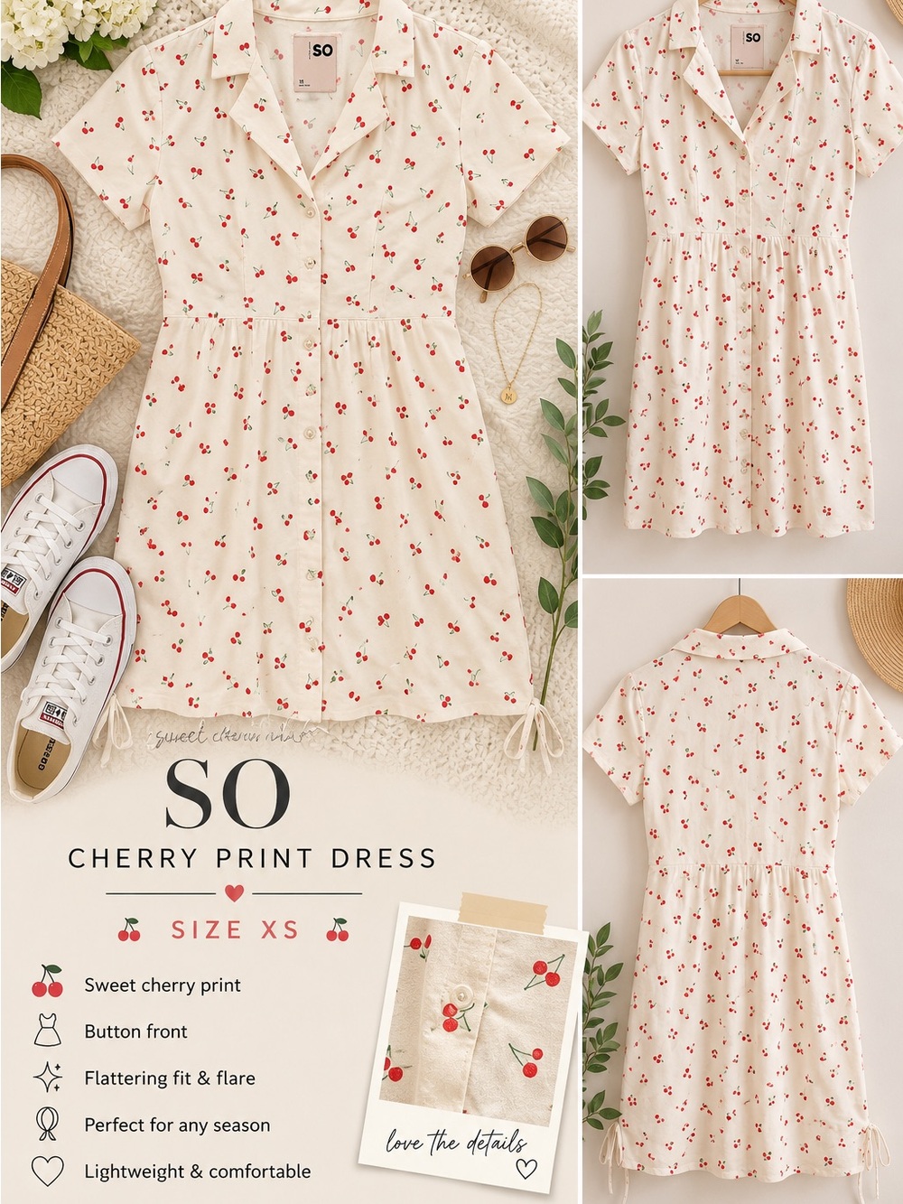 SO Cream Button-Up Top with Red Cherry Print- Size XS- NWT